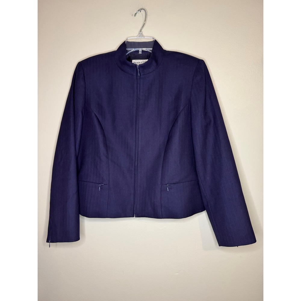 Pendleton Womens Navy Blue 100% Virgin Wool Zip Front Mock Neck Jacket Petite 12